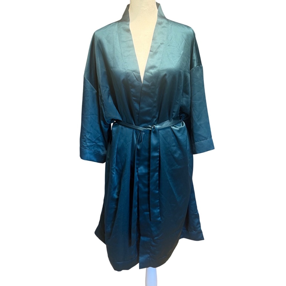 La Mer Womens Teal Satin Kimono Robe Belted Knee Length 3/4 Sleeve Loungewear OS